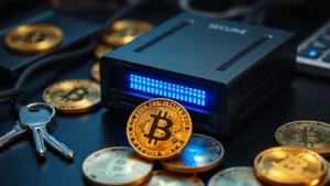 Secure cryptocurrency hardware wallet with blue LED lights on dark desk, surrounded by physical Bitcoin coins and security keys, professional photography