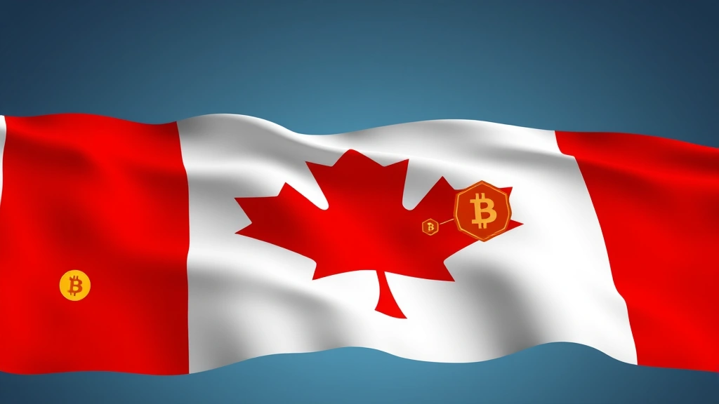 Digital illustration of a Canadian flag with cryptocurrency symbols and blockchain nodes, modern fintech aesthetic, no text, professional design