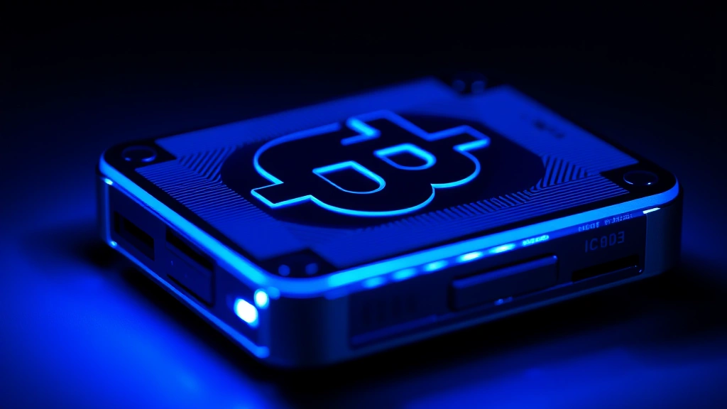 Close-up of a hardware wallet device glowing with blue light, representing Bitcoin security, modern minimalist style, no text or labels visible