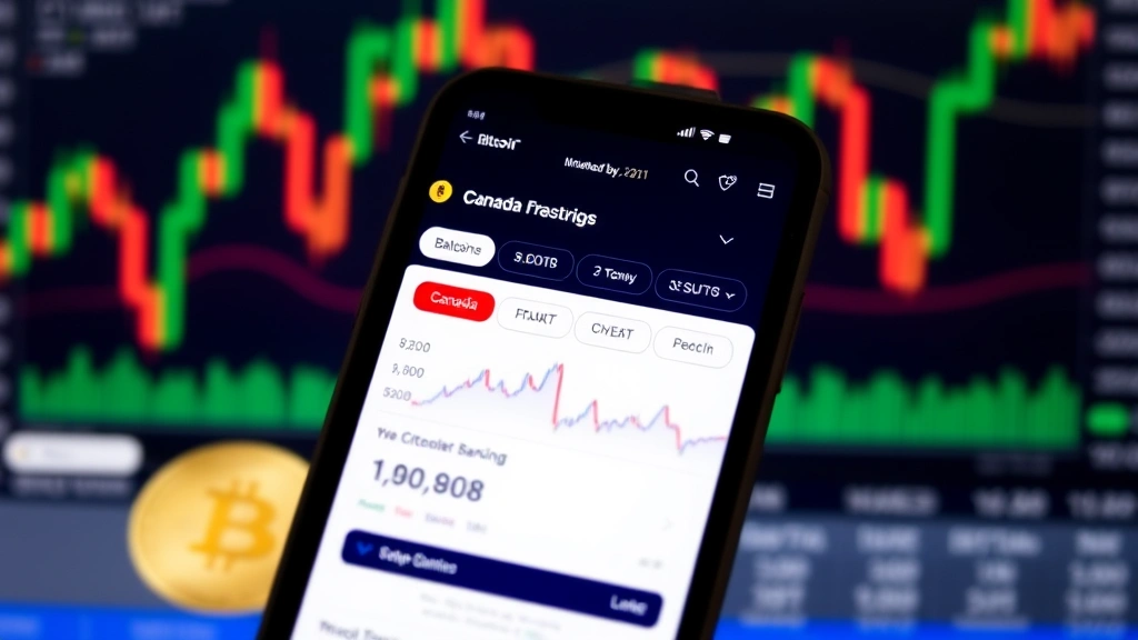 Smartphone displaying a crypto exchange interface with Bitcoin chart in background, Canadian banking elements visible, no readable text on screen