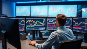 Professional cryptocurrency trader analyzing Bitcoin charts on multiple monitors displaying candlestick patterns, moving averages, and trading indicators in a modern office with blue ambient lighting and financial data streaming on screens