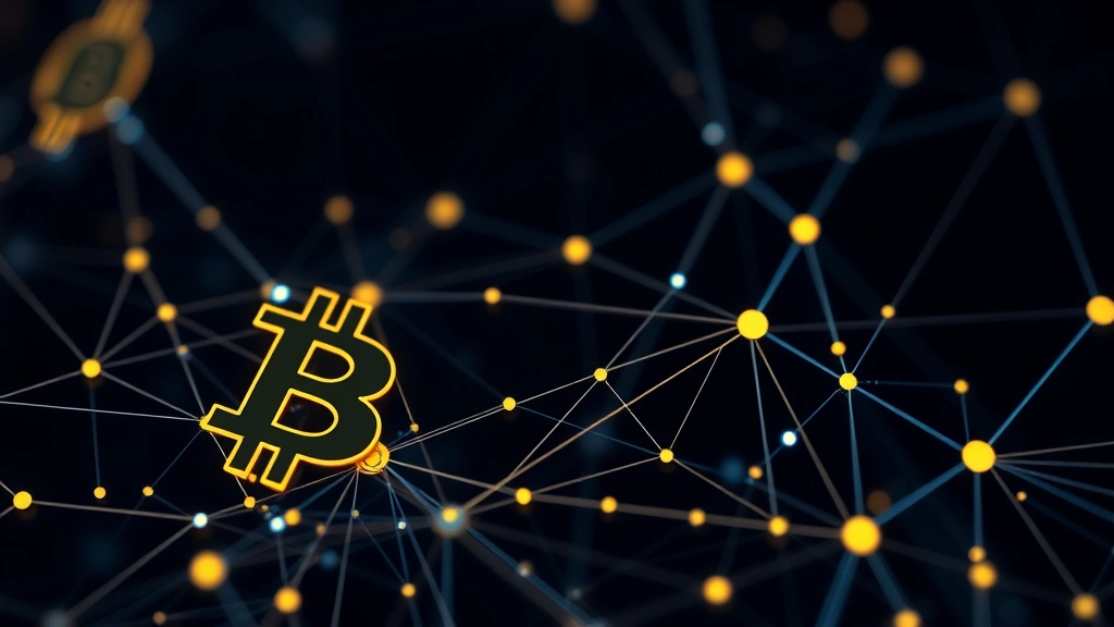 Close-up of Bitcoin blockchain network visualization with interconnected nodes and digital transactions flowing across a dark background, representing on-chain analysis and market data