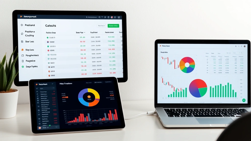 Risk management dashboard showing position sizing calculations, stop-loss orders, and portfolio allocation pie charts with Bitcoin trading data displayed on tablet and laptop screens in a minimalist workspace