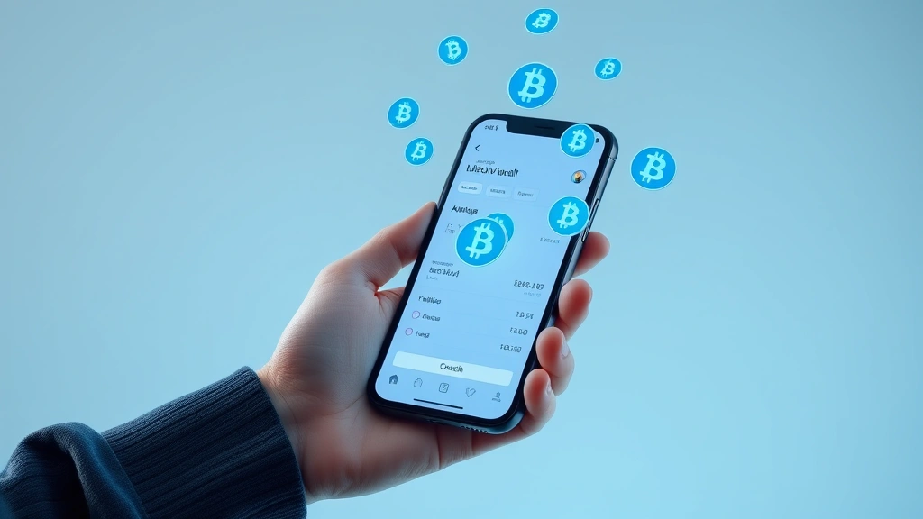 Photorealistic image of a person holding a smartphone displaying Bitcoin wallet interface with glowing blue cryptocurrency symbols floating above the screen, modern minimalist design, soft lighting, no text or numbers visible