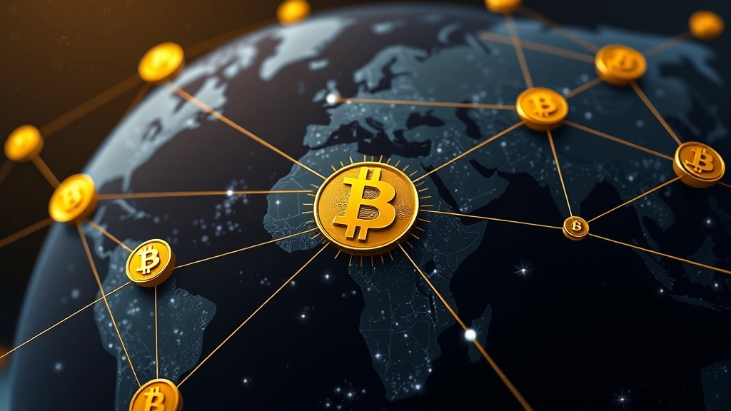 Detailed photorealistic illustration of blockchain network nodes connecting across a globe, golden Bitcoin symbols at network intersections, representing distributed earning mechanisms, cosmic background, no charts or ticker information