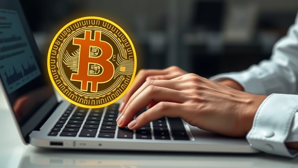 Photorealistic close-up of hands typing on a laptop keyboard with Bitcoin symbol holographically projected above the keyboard, representing digital earning and cryptocurrency transactions, professional office lighting, no visible screen content