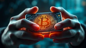 Photorealistic close-up of hands holding a hardware wallet device with Bitcoin symbol illuminated, cryptocurrency security concept, modern tech aesthetic, no text or logos visible