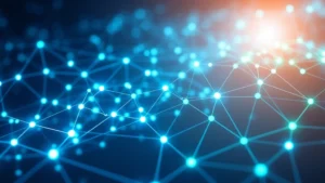 Photorealistic image of blockchain network visualization with interconnected nodes glowing in blue and green light, showing decentralized distributed ledger technology, no text or labels, ethereal digital atmosphere