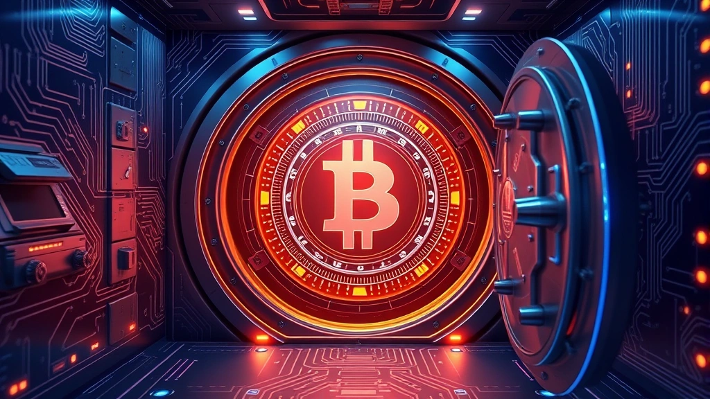 Photorealistic photograph of a secure cryptocurrency vault or digital security infrastructure, showing layers of encryption protection, circuit patterns, and cryptographic elements, modern tech aesthetic, no text