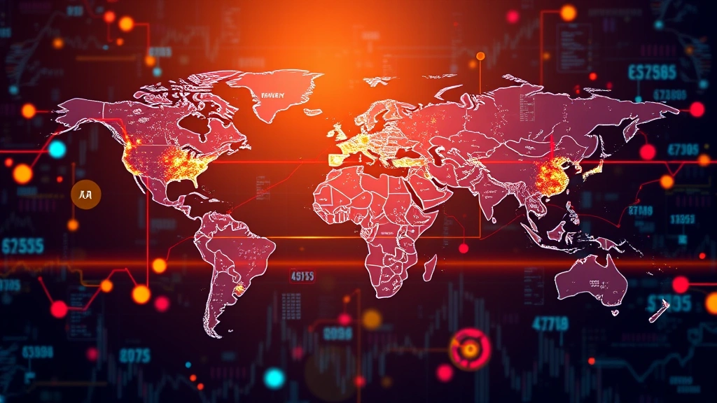 Photorealistic image of global financial markets visualization, showing trading data flows across world map, digital currency exchanges, interconnected financial networks, professional market analysis aesthetic, no text
