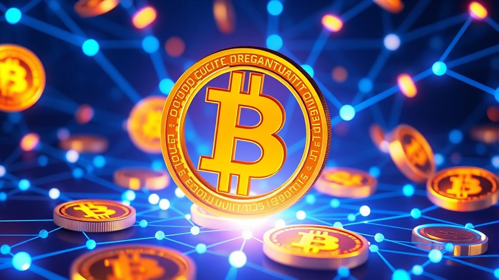 Digital cryptocurrency coins floating in blue light with blockchain network connections, photorealistic 3D rendering showing Bitcoin symbol prominently with glowing nodes