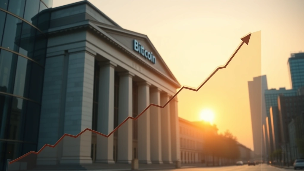 Institutional banking building exterior at dawn with transparent overlay showing Bitcoin growth chart and upward trending line, modern financial district backdrop