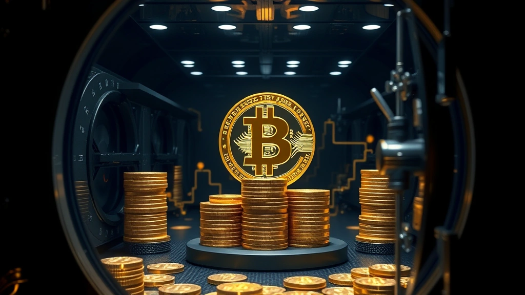 Secure cryptocurrency vault with golden Bitcoin coins stacked inside transparent glass chamber, soft professional lighting highlighting security and value storage concept