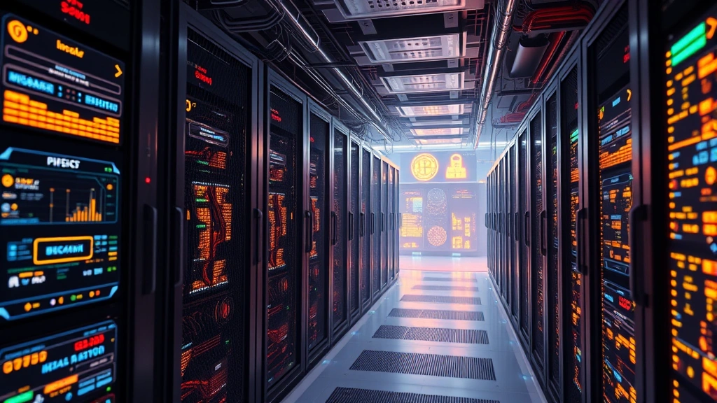 Photorealistic image of cryptocurrency mining operation with advanced computer hardware, data center environment, glowing screens and equipment, professional tech setting, no text visible