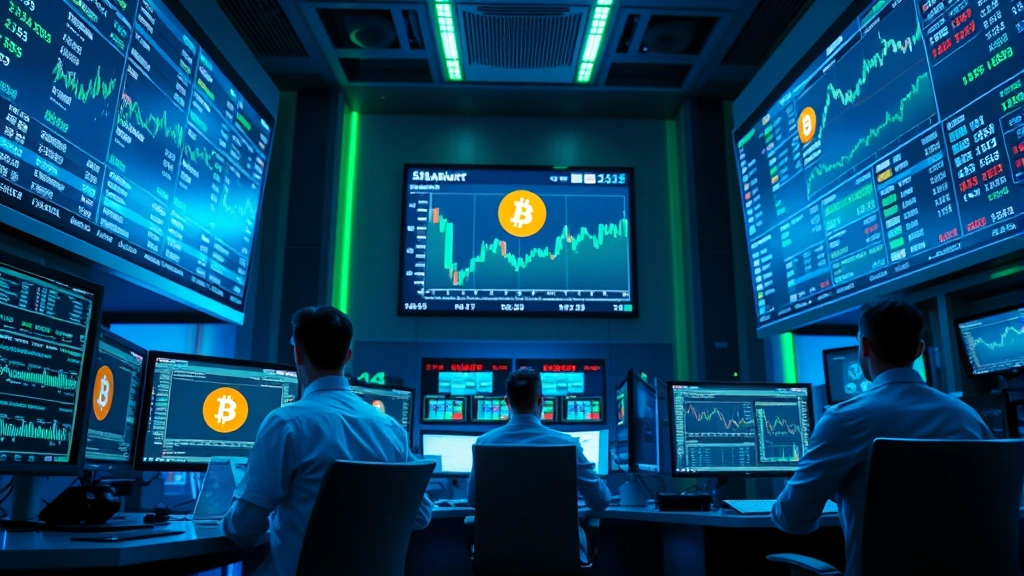 Photorealistic image of a modern cryptocurrency exchange trading floor with multiple monitors displaying Bitcoin price data, traders in professional attire analyzing market trends, blue and green lighting emphasizing tech environment