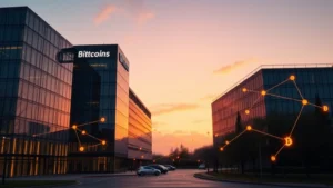 Photorealistic image of a modern corporate headquarters building at dusk with digital bitcoin symbols and blockchain network connections glowing in the background, no text or charts