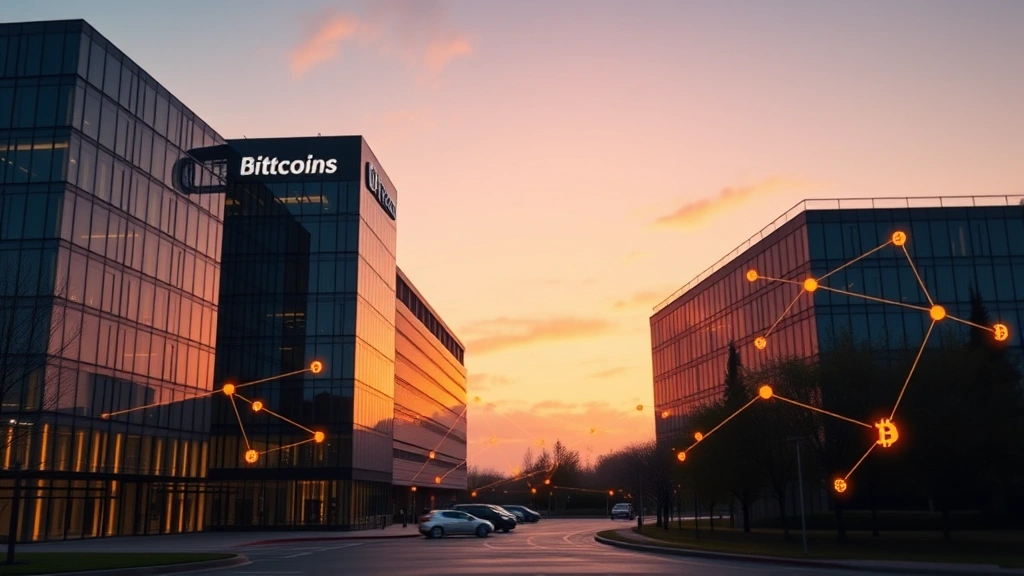 Photorealistic image of a modern corporate headquarters building at dusk with digital bitcoin symbols and blockchain network connections glowing in the background, no text or charts