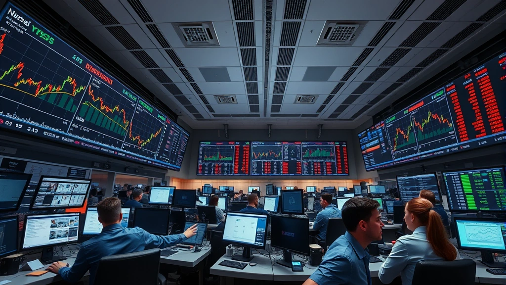 Photorealistic photograph of a sophisticated financial trading floor with multiple monitors displaying cryptocurrency market data, traders analyzing information, professional environment, no visible text on screens