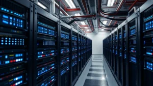 A Bitcoin mining operation with rows of sophisticated ASIC miners in a modern facility with blue LED indicators, industrial cooling systems visible, photorealistic professional setting with proper lighting