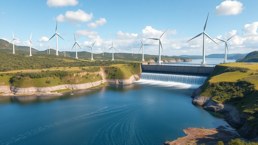 A renewable energy landscape showing wind turbines and hydroelectric dam in daylight, representing clean electricity generation for cryptocurrency mining operations, photorealistic natural scenery