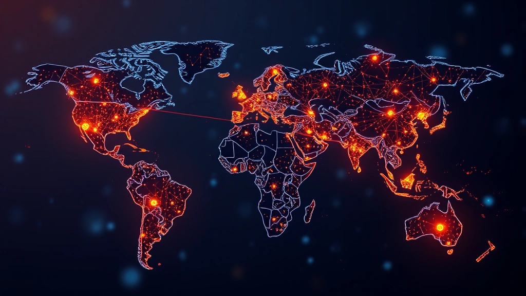 A global energy network visualization with glowing nodes connected across continents, representing Bitcoin mining distribution worldwide, abstract but photorealistic digital infrastructure concept