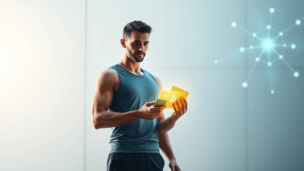 Professional athlete in modern athletic wear holding a glowing digital cryptocurrency wallet device, sleek minimalist background with blockchain network visualization, photorealistic lighting