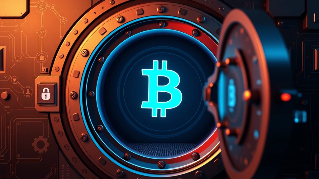 Secure cryptocurrency vault concept with Bitcoin symbol prominently displayed, digital security elements and blockchain networks, photorealistic 3D rendering with professional studio lighting