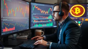 Professional cryptocurrency analyst reviewing Bitcoin charts on multiple monitors displaying candlestick patterns and technical indicators with market data visualizations