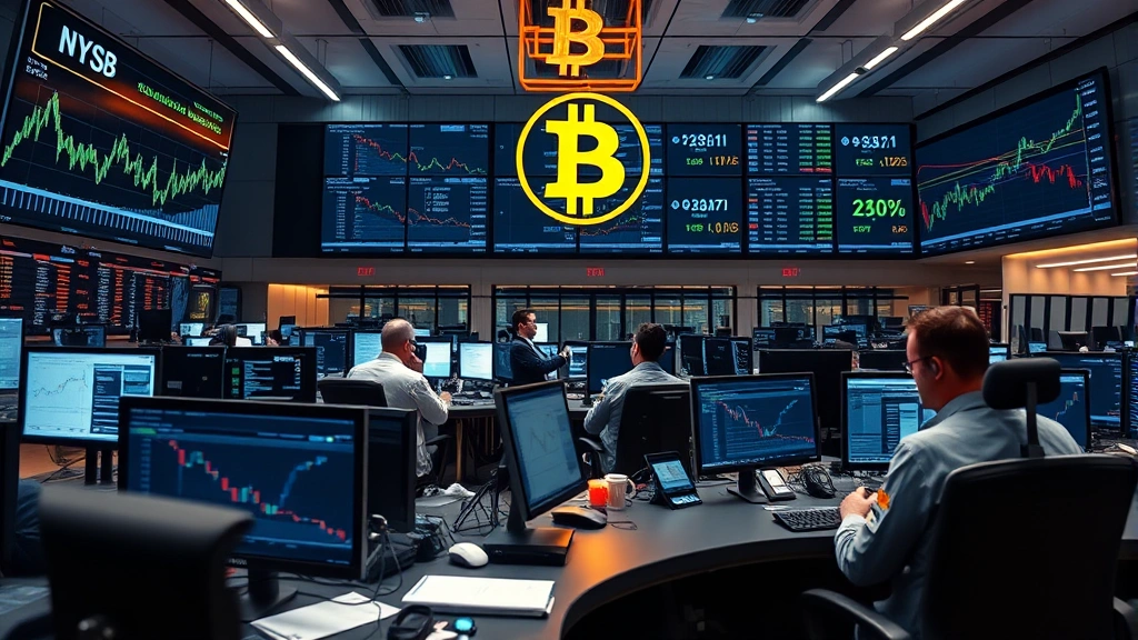 Modern institutional trading floor with traders monitoring Bitcoin price movements and blockchain network activity on high-resolution displays showing real-time market data