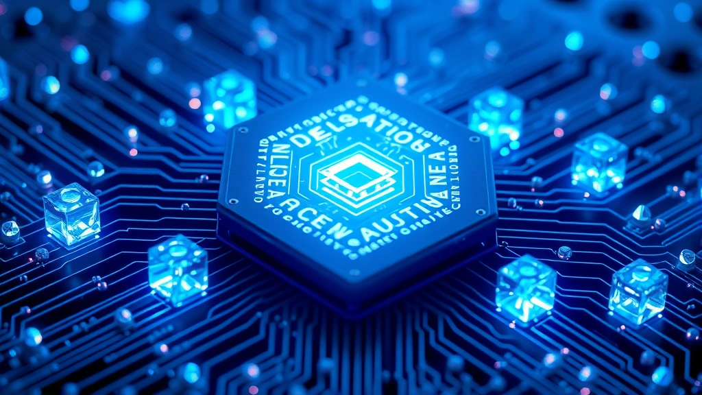 Photorealistic quantum computer processor with glowing blue qubits and crystalline structures, abstract quantum entanglement visualization, no text or labels