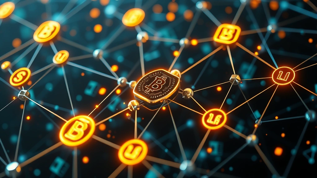 Blockchain network nodes interconnected with quantum-resistant encryption symbols, digital security architecture, futuristic cybersecurity visualization, no text