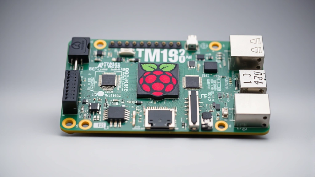 Close-up of Raspberry Pi 5 board with visible circuits and processor, professional photography, neutral background, showing technical detail and modern electronics design