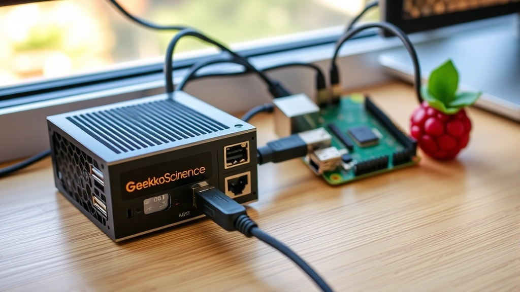GekkoScience USB ASIC Bitcoin miner connected to Raspberry Pi via USB cable, desktop setup with clean cables, natural lighting showing hardware compatibility and compact mining rig configuration