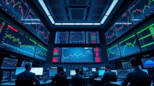 Photorealistic image of a modern financial trading floor with multiple screens displaying cryptocurrency market data, Bitcoin charts, and trading terminals in blue and green lighting, professional traders in business attire monitoring real-time data