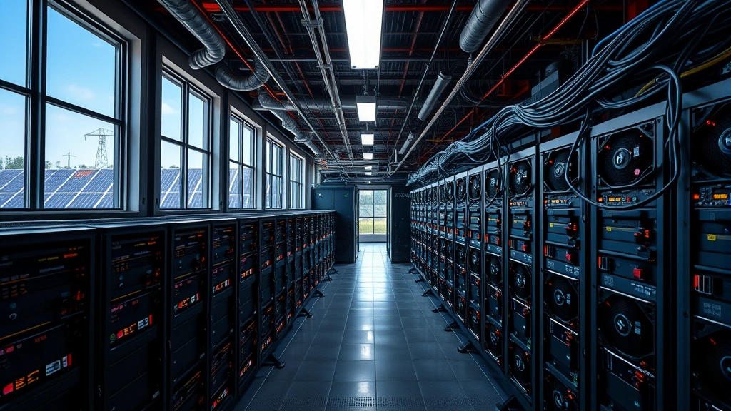 Detailed photorealistic view of a large-scale Bitcoin mining facility with rows of specialized ASIC mining hardware under industrial lighting, renewable energy solar panels visible through windows, cooling systems and network infrastructure clearly visible