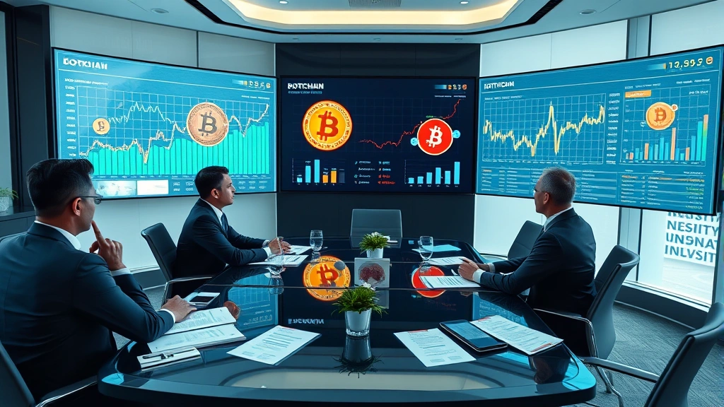Photorealistic image of institutional investors in a boardroom reviewing blockchain and Bitcoin investment portfolios on large display screens, modern office setting with cryptocurrency-related documents and analytical charts on tables