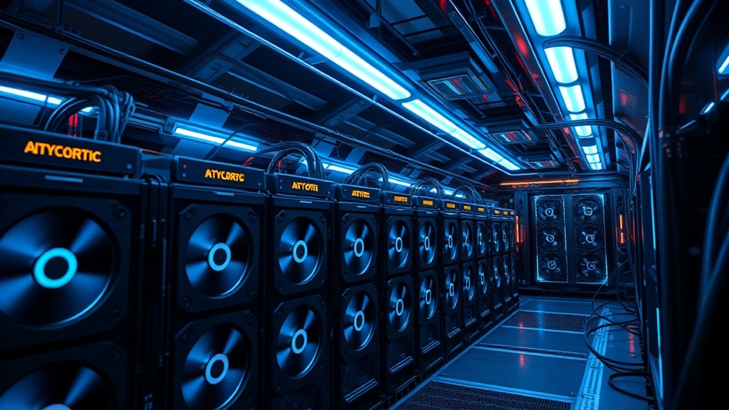 Futuristic cryptocurrency mining facility with rows of high-end graphics cards illuminated by blue LED lights, underground bunker aesthetic, realistic computer hardware closeup