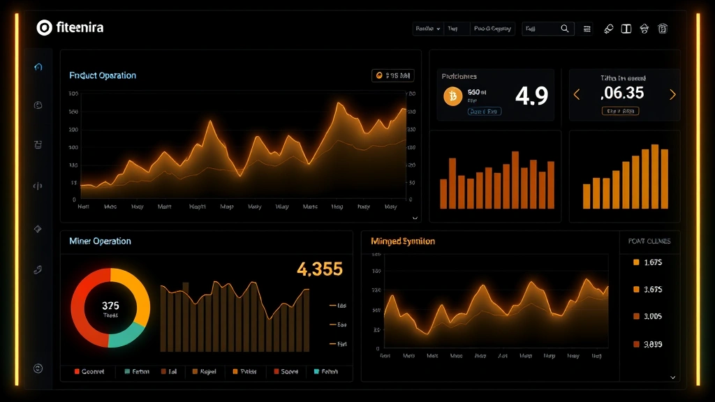 Professional data visualization dashboard showing cryptocurrency production metrics with glowing charts and performance indicators, dark theme with neon accents, mining operation monitoring