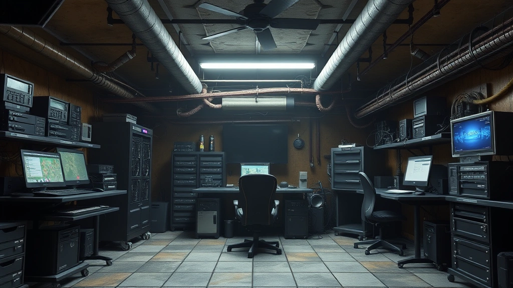 Escape from Tarkov hideout interior with industrial setup featuring multiple computer stations, server racks, power supplies, and mining equipment in tactical bunker style