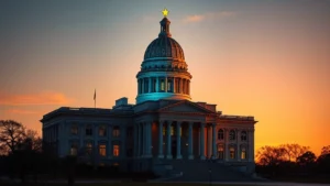 Photorealistic image of Texas State Capitol building at sunset with subtle blue and gold lighting representing cryptocurrency and financial technology, digital data streams flowing around the architecture, no text or charts visible