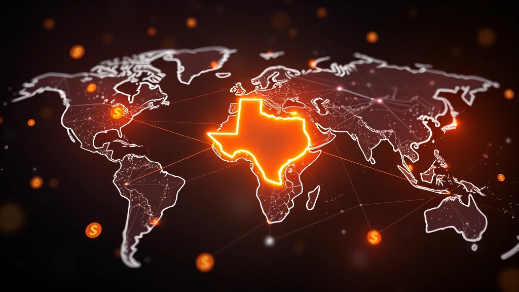 Photorealistic image of a global financial network visualization with Texas highlighted, interconnected nodes and pathways representing blockchain technology, digital currency symbols floating in abstract space, modern fintech aesthetic, no text elements
