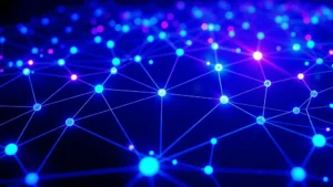 Photorealistic image of a blockchain network visualization with interconnected nodes glowing in blue and purple, representing cryptocurrency infrastructure and digital financial systems, modern tech aesthetic