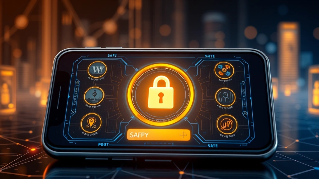 Photorealistic image of a secure cryptocurrency wallet interface displayed on a high-tech device screen with digital security elements, representing safe asset management and blockchain technology