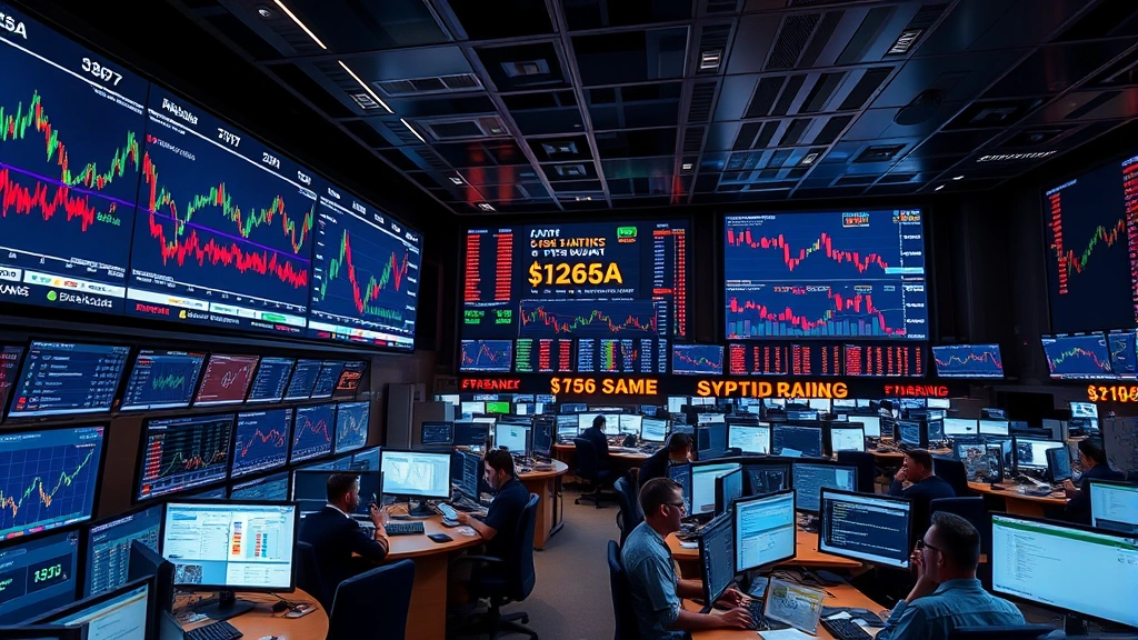 Photorealistic image of a bustling cryptocurrency exchange trading floor with multiple screens displaying market data and digital asset charts, representing active crypto markets and institutional participation