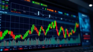 Photorealistic cryptocurrency trading dashboard displaying Bitcoin price charts with upward candlesticks, glowing green indicators, and blockchain network visualization in background, professional trading environment