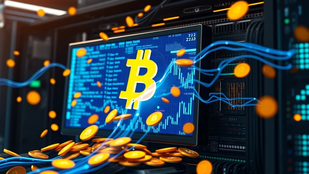 Digital representation of Bitcoin mining operation with powerful computing hardware, blockchain ledger flowing across screen, golden Bitcoin coins emerging from network nodes, technological innovation aesthetic