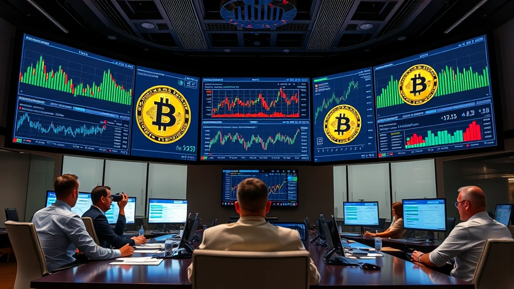 Institutional investment meeting room with Bitcoin displayed on large screens, professional investors analyzing charts, cryptocurrency portfolio data visualizations, corporate finance environment
