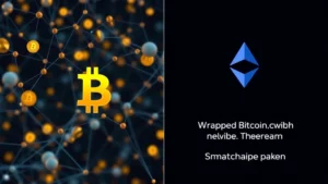 Split-screen visualization showing Bitcoin blockchain network nodes on the left and Ethereum smart contract interaction on the right, representing the technical architecture differences between native Bitcoin and Wrapped Bitcoin tokens