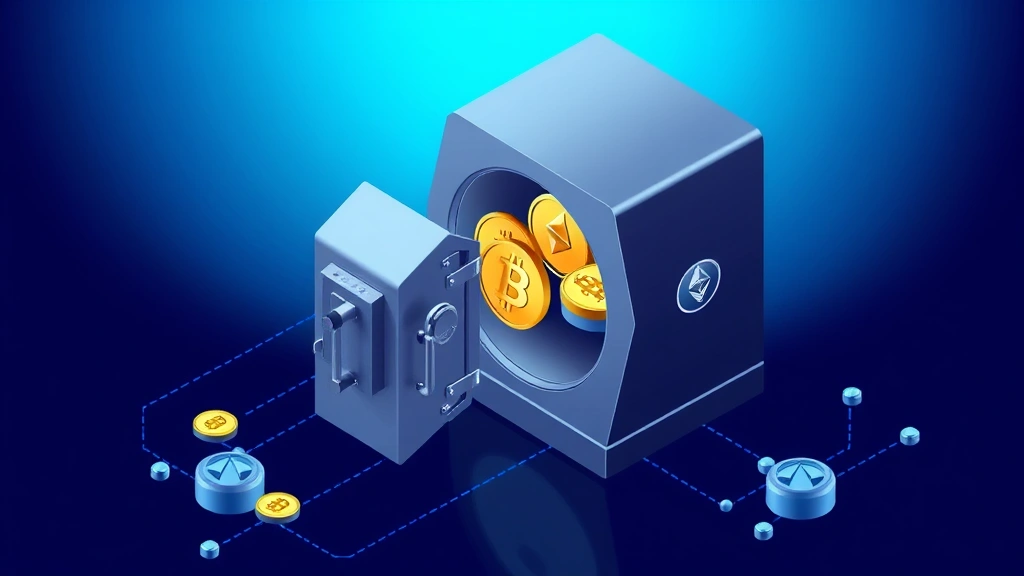 Isometric illustration of a digital vault containing Bitcoin coins connected to Ethereum network nodes through secure bridge protocols, depicting the custodial backing and cross-chain bridge mechanism of wrapped tokens