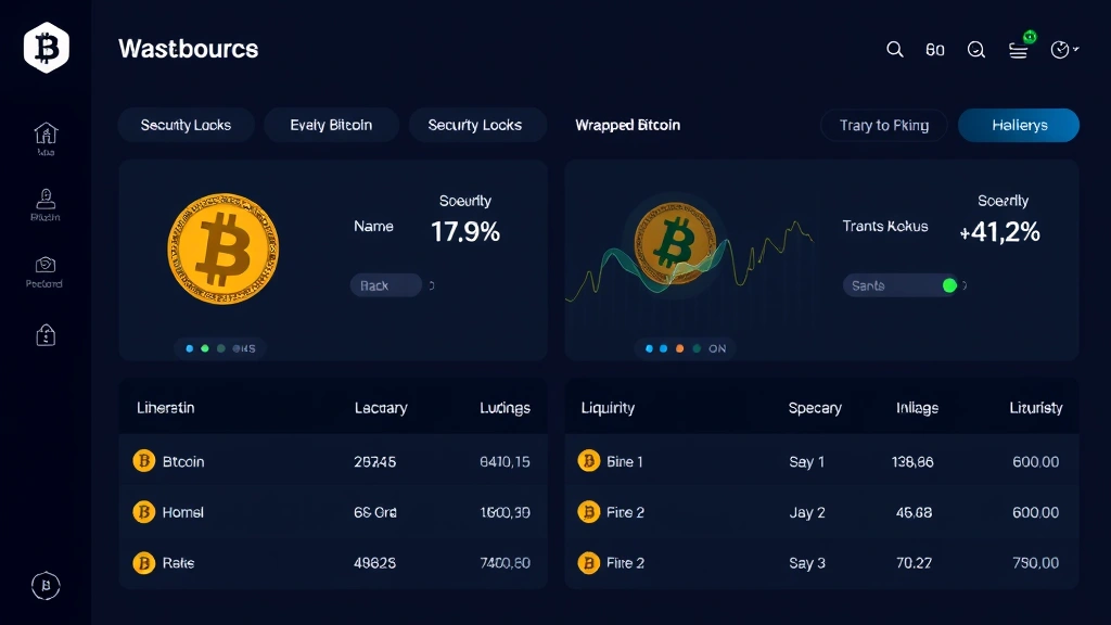 Modern cryptocurrency portfolio dashboard displaying Bitcoin and Wrapped Bitcoin token comparisons with security locks, transaction speeds, and liquidity indicators in a professional fintech aesthetic